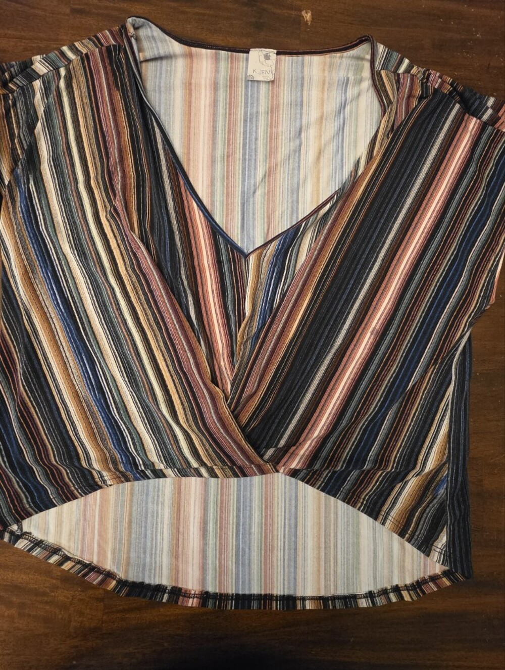K. JEN Striped Wrap-Front Crop Top Boho V-Neck Short Sleeve